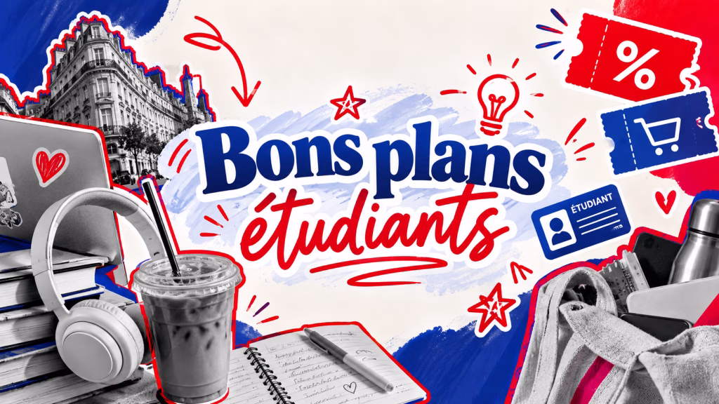 Visuel illustré sur fond blanc, bleu et rouge présentant le texte « Bons plans étudiants » entouré de livres, casque audio, boisson glacée, carte d'étudiant et tickets de réduction pour les étudiants de NEVEN campus SKALE.